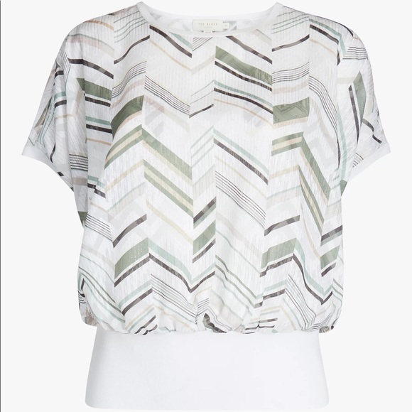 Ted Baker Vilanta Top, white with green beige chevron print, size US 12-14. - Picture 3 of 7